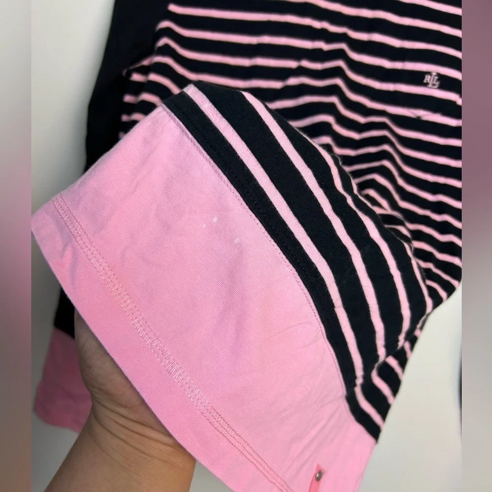 Lauren Ralph Lauren Black Label Sz M Black-Pink Striped Long‎ Sleeve Blouse top